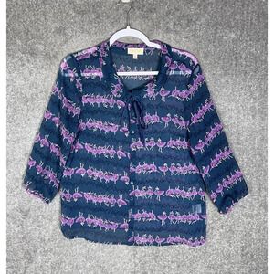 Modcloth Sheer Ballerina Print Button Up‎ Top Womens Size Large Teal Purple